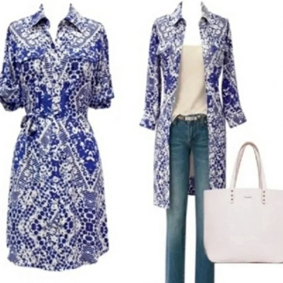 Cabi Style 422 Blue Jewel Print Button Down Shirt Dress Roll Tab Sleeve Size S - Picture 1 of 12